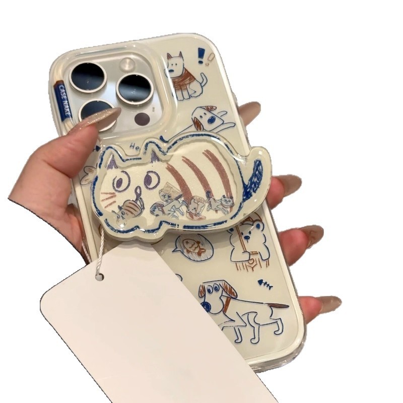可爱纯白素涂鸦猫咪摇摇乐支架适用iPhone17promax苹果15手机壳14|undefined
