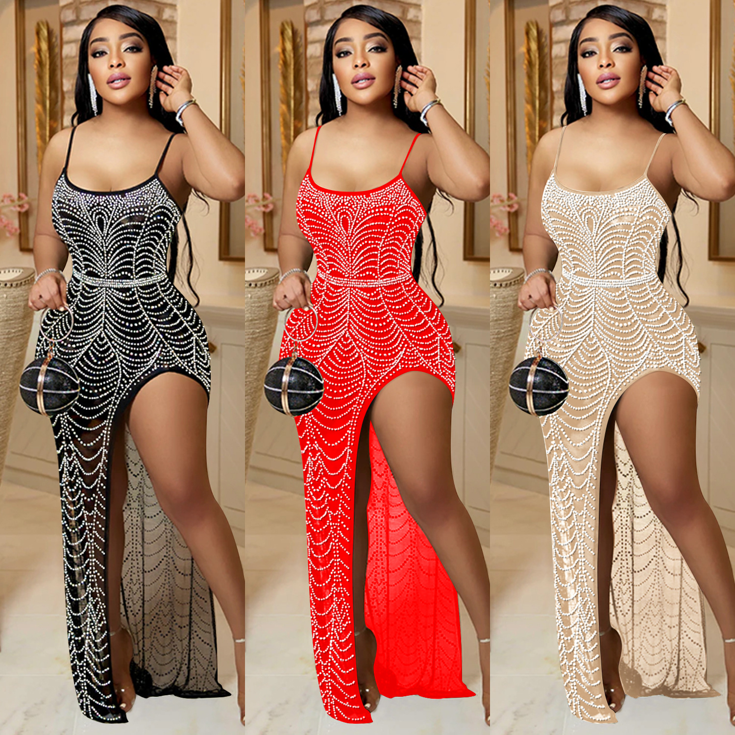 AliExpress nuevo Amazon moda europea y americana color sólido Correa irregular rhinestone vestido mujeres