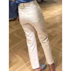 女性用オフホワイトストレートジーンズ、小柄な女性用秋、春と秋のナローバージョン、秋冬ベルベットシガレットチューブバゲットレディースパンツ