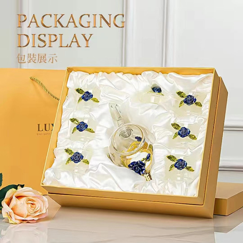 블루 로즈 냄비 세트 냄비 1개와 컵 6개