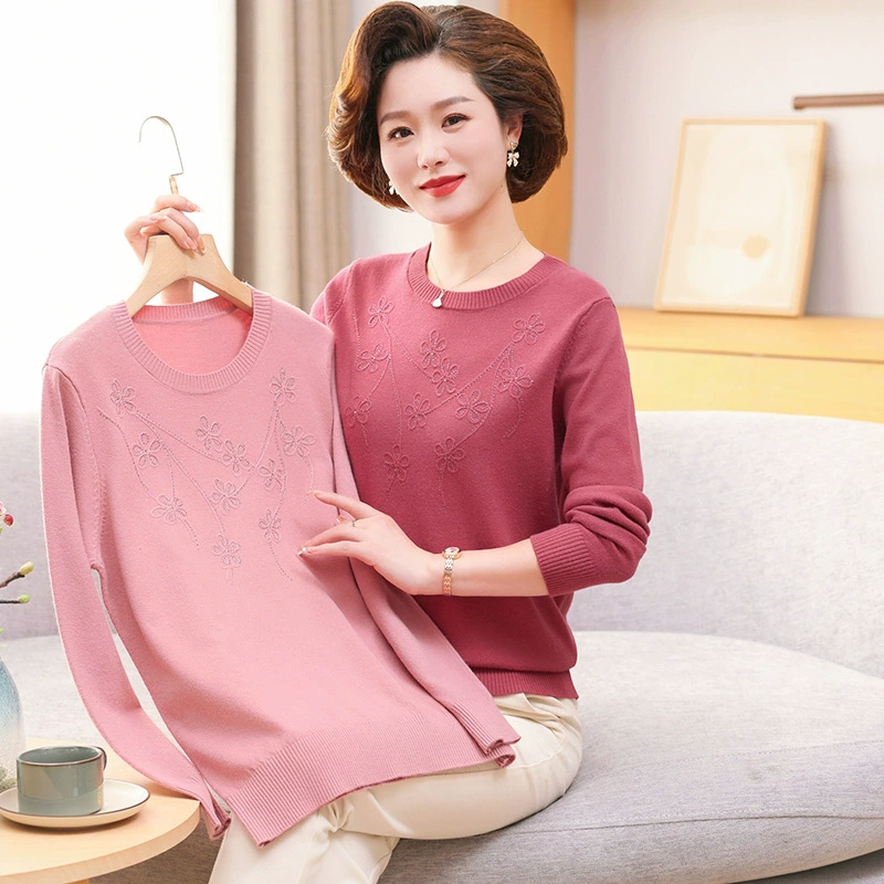 Весенняя вязаная маленькая рубашка с круглым вырезом для мам, нижний топ в западном стиле для 50-летних женщин среднего и пожилого возраста, весенне-осенний тонкий свитер с вышивкой