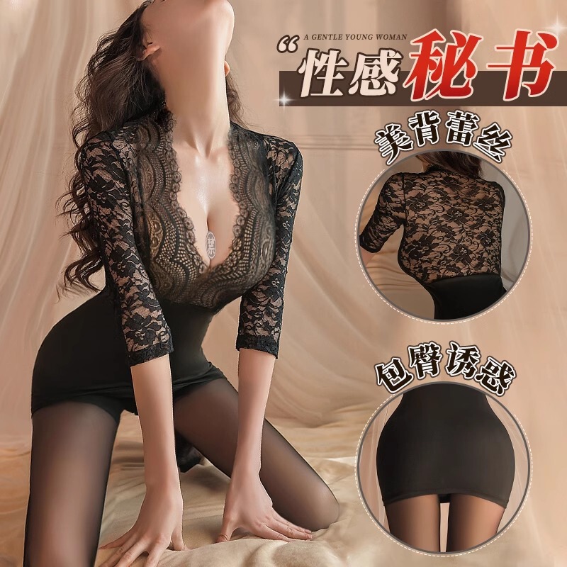 Secretary Uniform Sexy Lace Royal Sister Style Low-Cut One-Piece Hip Skirt Office Mesh See-Through Nightgown High-End Secretary Uniform Sexy Lace Royal Sister Style Low-Cut One-Piece Hip Skirt Office Mesh See-Through Nightgown High-End