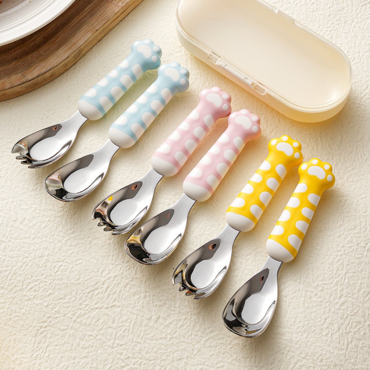 316 Stainless Steel Kidsren's Spoon and Fork Creative Cartoon Cat Claw Kidsren's Tableware Household Baby Eating Spoon Ingot Spoon