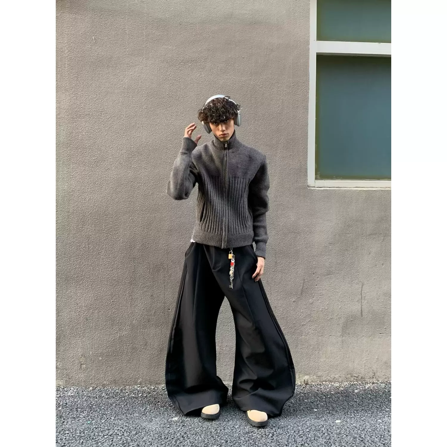 美式复古立领拉链针织开衫男款小众设计口袋宽松休闲百搭毛衣外套