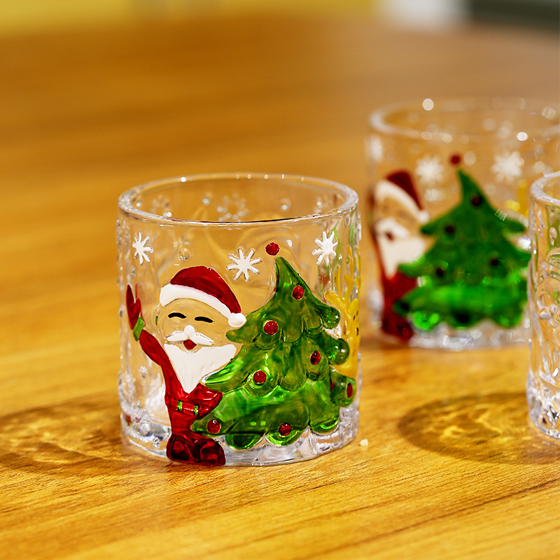 圣诞玻璃杯浮雕牛奶杯茶杯圣诞礼物手绘杯子家用套装批发创意水杯