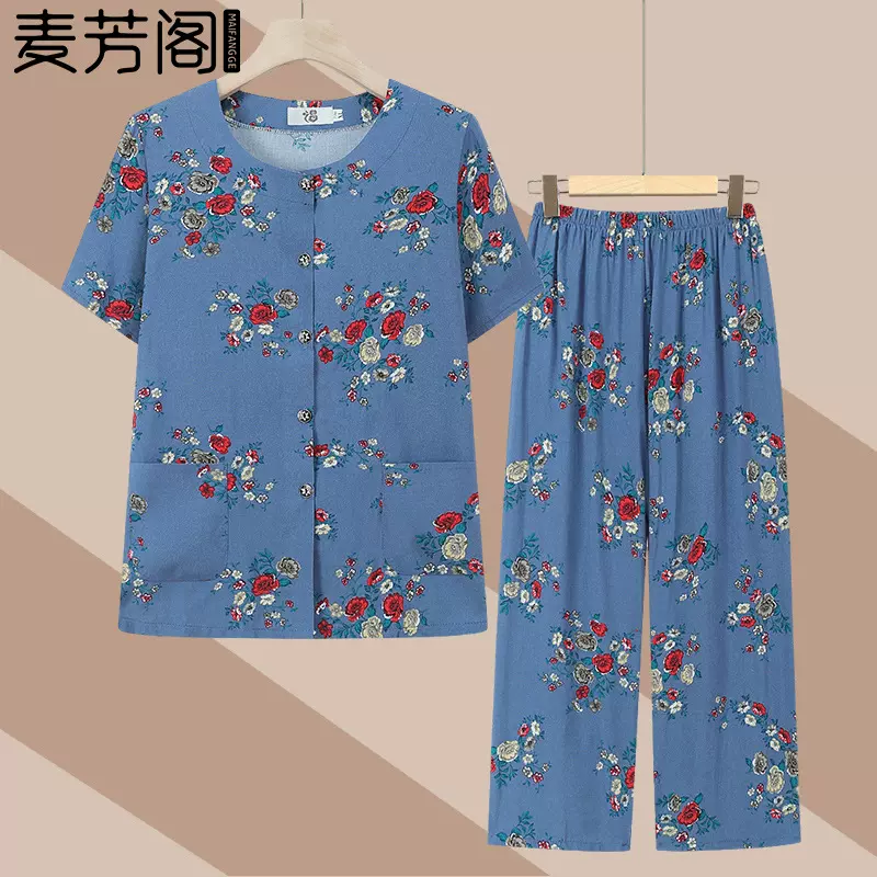 老太太夏装棉绸套装老年人妈妈薄款开衫短袖两件套女奶奶居家衣服
