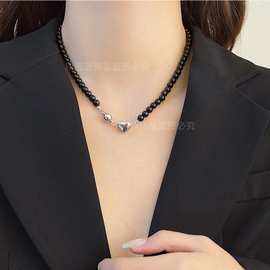 韩国东大门新款黑玛瑙爱心磁铁扣轻奢小众设计简约高级感串珠项链