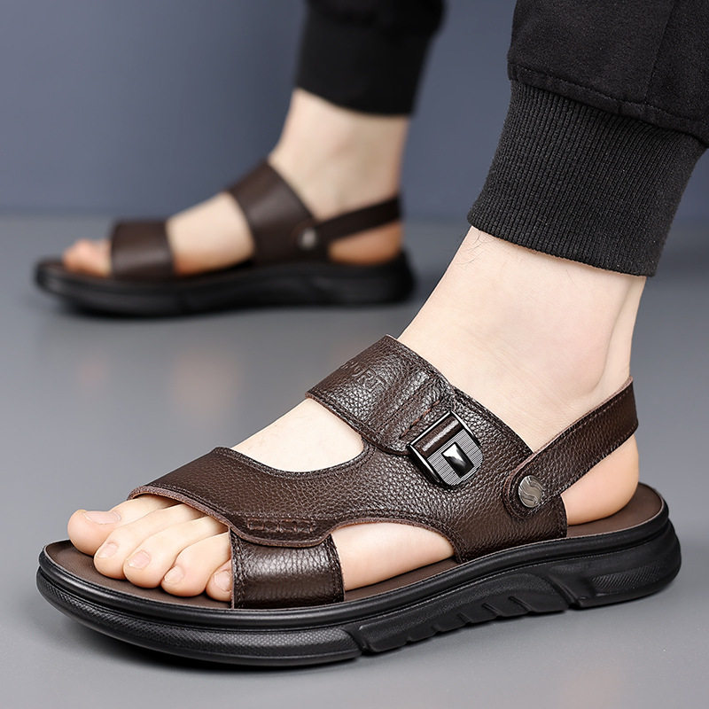 Dép sandal nam da bò thật hở ngón, đế mềm chống trượt, thoáng khí đi biển và sinh hoạt hằng ngày — 51218 Màu nâu, 51218 Màu đen