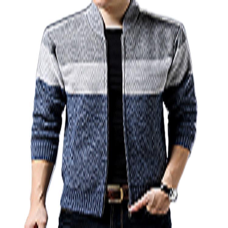Cross-Border Men's Long-Sleeve Stand-Collar Color-Block Striped Thick Cardigan Sweater Trendy Youth Men's Unique Knitwear