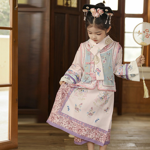 Hanfu Girl Spring Baby Chinese Style Cheongsam Set 2024 Ancient Costume Children Tang suit vest Gege dress wholesale