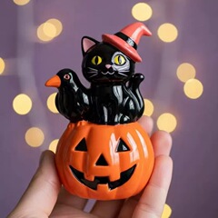 跨境新品Halloween Cat Pumpkin 万圣节猫咪南瓜摆件惊悚树脂雕像
