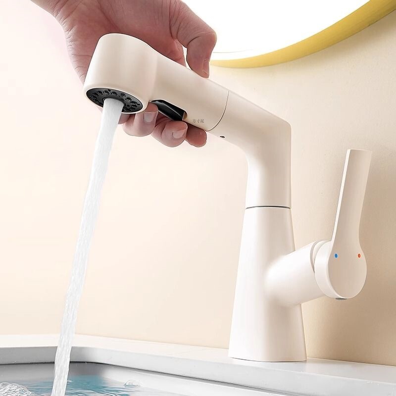 Cream White Faucet for Washbasin, Pull-Out Adjustable Household Hot and Cold Sink Basin for Bathroom