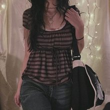 2023亚马逊跨境新款女条纹休闲T恤Y2K女上衣短袖抽绳背心时尚