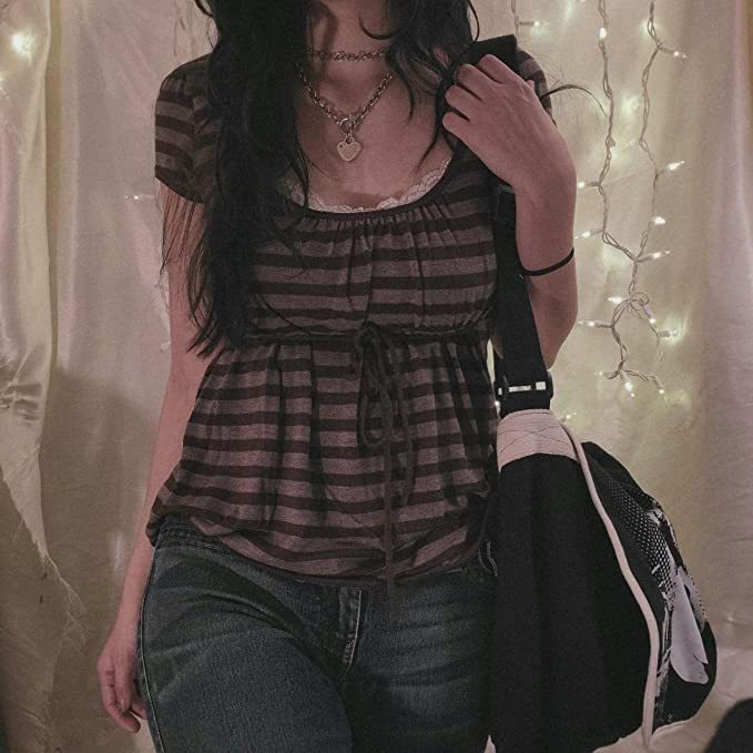 2023亚马逊跨境新款女条纹休闲T恤Y2K女上衣短袖抽绳背心时尚