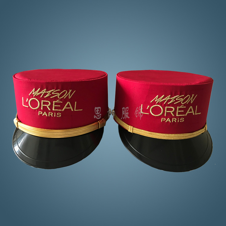 Bright red Embroidery Bonnet stage show celebration Welcome Hat hotel Guard of honour work uniform