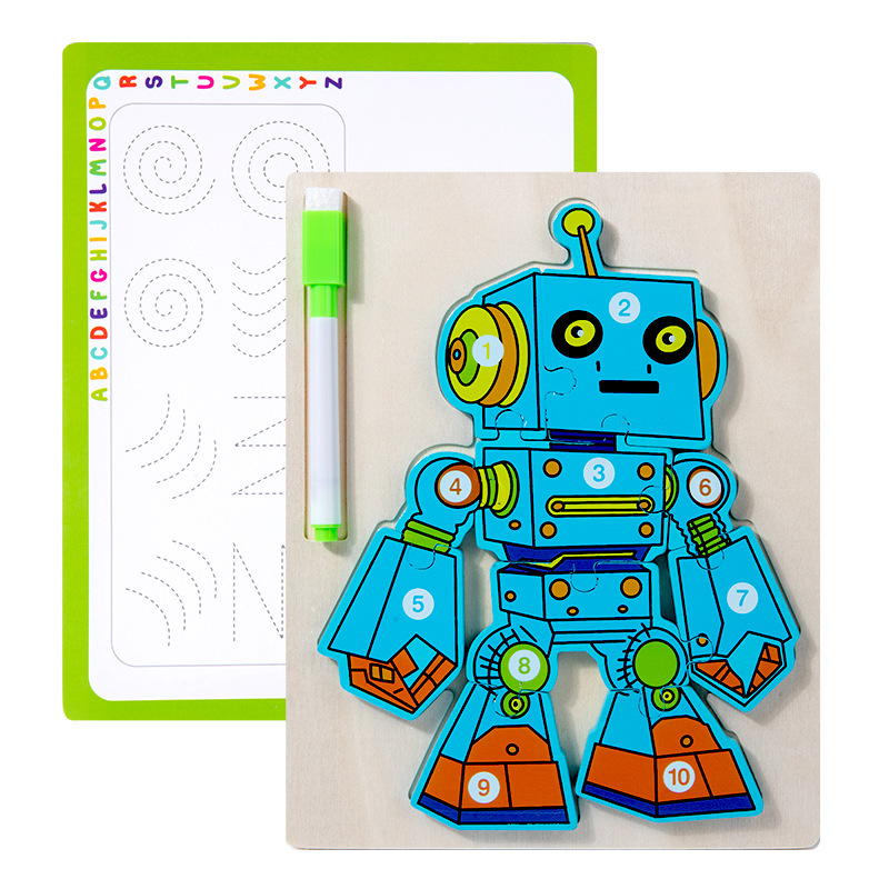 Juguetes de educación temprana de madera, rompecabezas de robots, tablero de dibujo, juguetes para niños, juguetes de rompecabezas de robots tridimensionales dos en uno