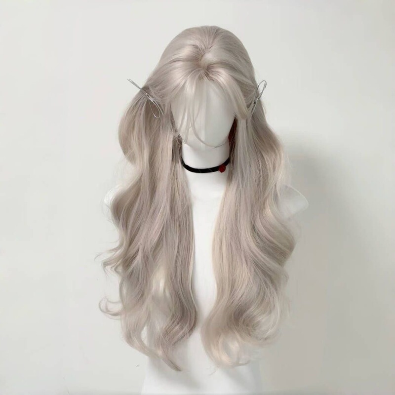 Wig for Women with Middle Parting, Long Curly Hair, Pearl Gray Color, Enhances the Appearance of the Face, Natural Full Head Wig