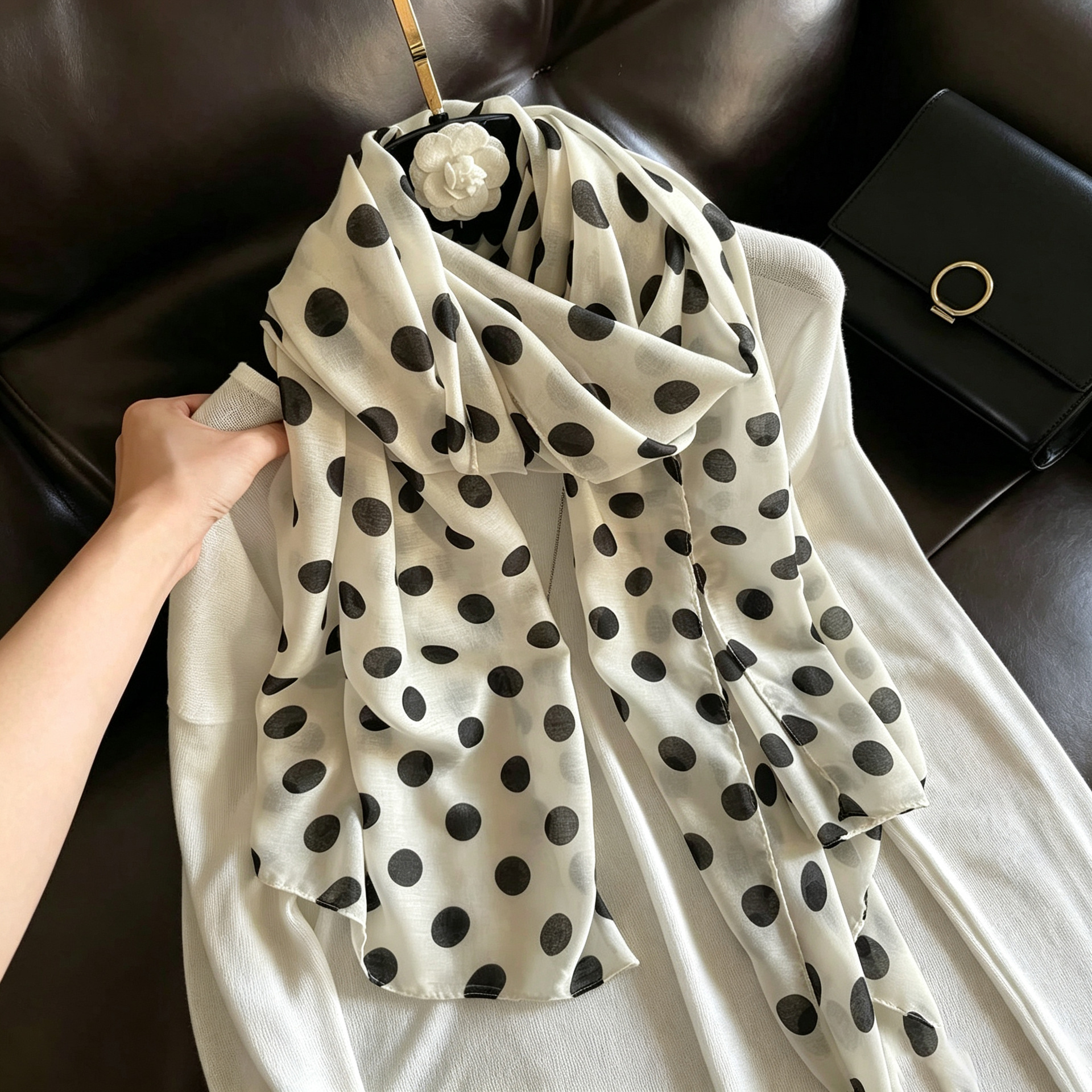 Black and white polka dot silk scarf for women, spring and summer sun protection large shawl, travel and vacation beach towel, thin air-conditioning scarf, gauze scarf