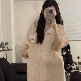 婴儿棉卡通卡通猫粉格子100%纯棉睡裙家居服