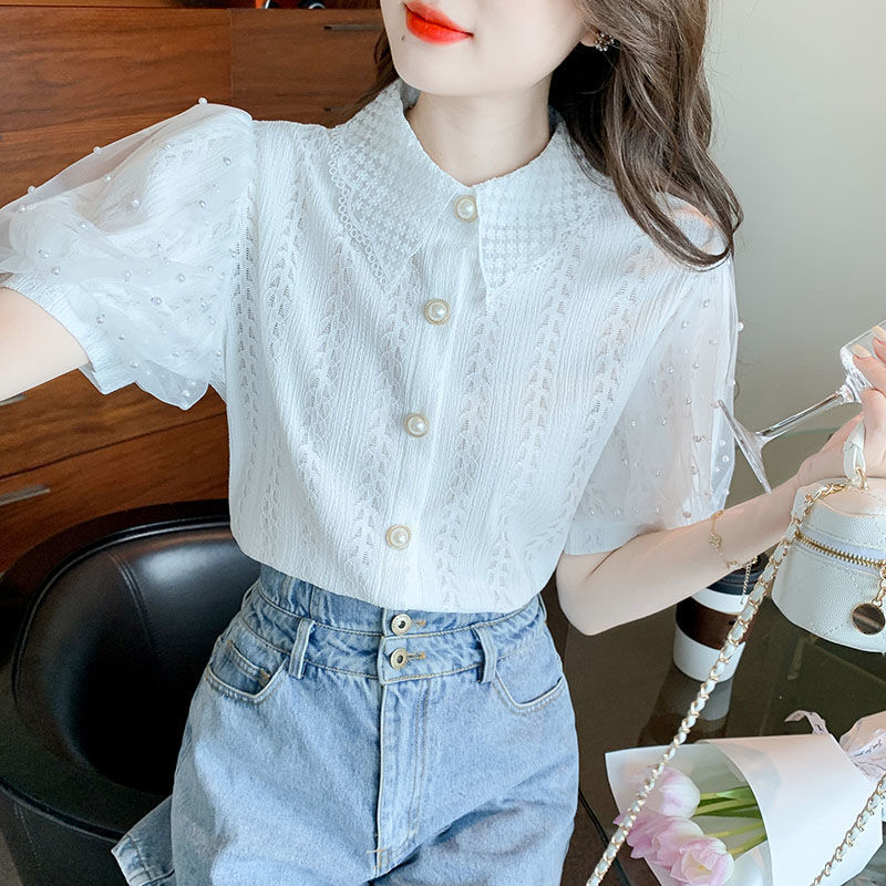 Camicetta da donna in pizzo con maniche a palloncino in rete con perline, cardigan estivo a maniche corte, top trasparente casual, abbigliamento da strada alla moda_voghion.com