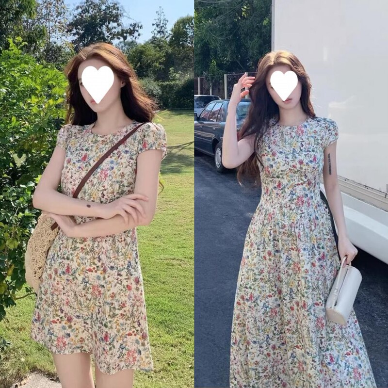 In-Stock Monet Floral Short-Sleeve Floral Print Pure Cotton Dress for Women, Spring and Summer Round Neck Slim-Fit Waist-Cinching Dress In-Stock Monet Floral Short-Sleeve Floral Print Pure Cotton Dress for Women, Spring and Summer Round Neck Slim-Fit Waist-Cinching Dress