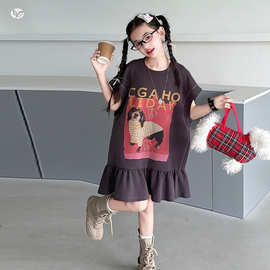 韩系女童超洋气连衣裙2026夏季新款儿童圆领荷叶边下摆宽松长裙子