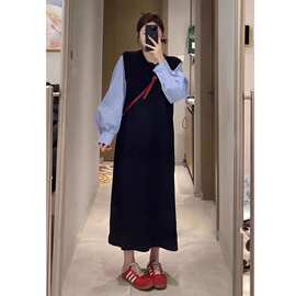 特大码300斤胖MM拼接衬衫袖假两件撞色连衣裙女春秋显瘦遮肉长裙