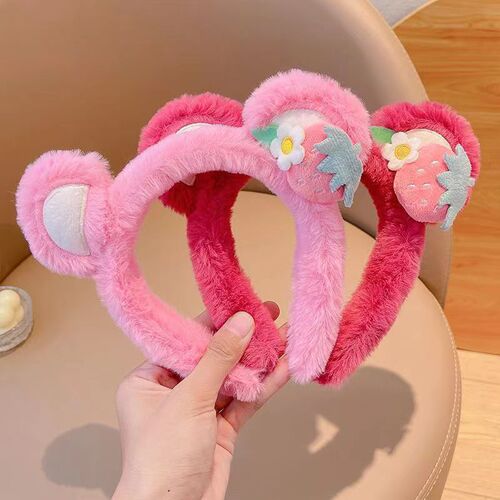 Pink girl face wash headband female autumn and winter plush hairpin cute strawberry bear facial mask special headband hairband