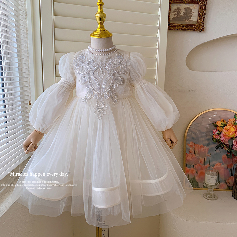 Girl's Princess Dress High-end Flower Girl's Birthday Dress Western Style Children's Court Style Pearl Dress