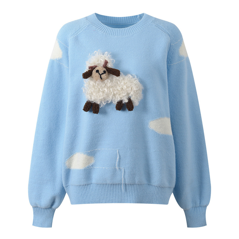2025 Autumn/Winter New Fashionable and Elegant Cloud-Like Little Yak Embossed Decorative Gentle and Youthful Pullover Knitted Sweater Top