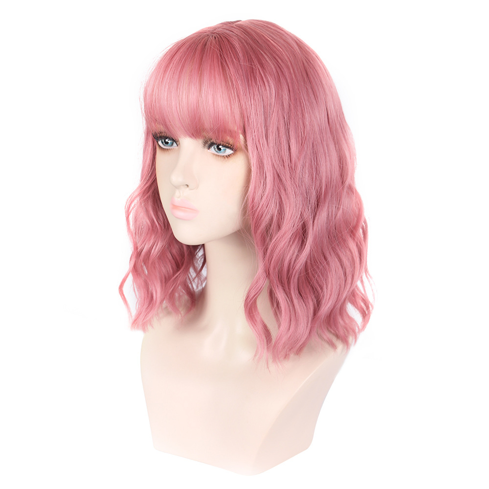 Perruque synthétique rose pour femmes, cheveux courts bouclés, couvre-tête en Fiber chimique, soie haute température, Style ondulé à l'eau_voghion.com