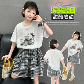 女童夏季套装2026新款儿童洋气卡通短袖女孩格子半身裙夏装两件套