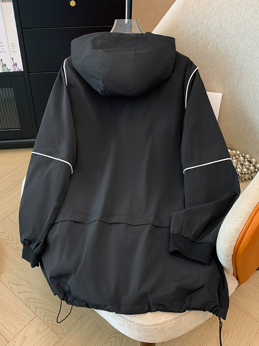 Women's Korean-Style Autumn Trench Jacket, 100% Polyester, Plus Sizes 2XL–6XL, Black