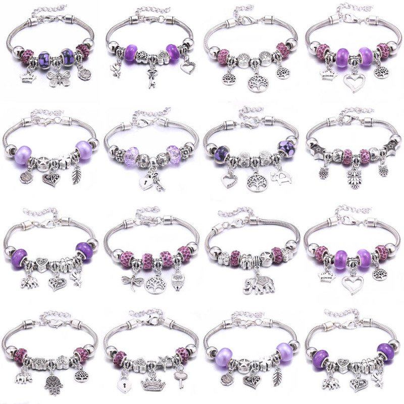 Hot Selling Charming Purple Beaded Bracelet Lobster Clasp Snake Chain Heart-Shaped Love Women's Summer Bracelet Exquisite Hand Jewelry