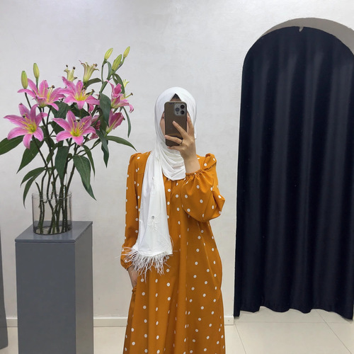 Cross-border Muslim-style crew neck belt bubble sleeve with pocket polka dot dress