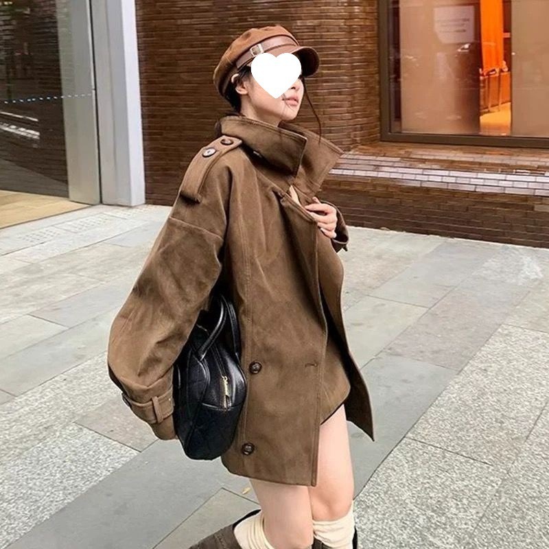 棕色设计感立领麂皮小个子外套女2025秋新款韩系复古宽松休闲大衣|undefined