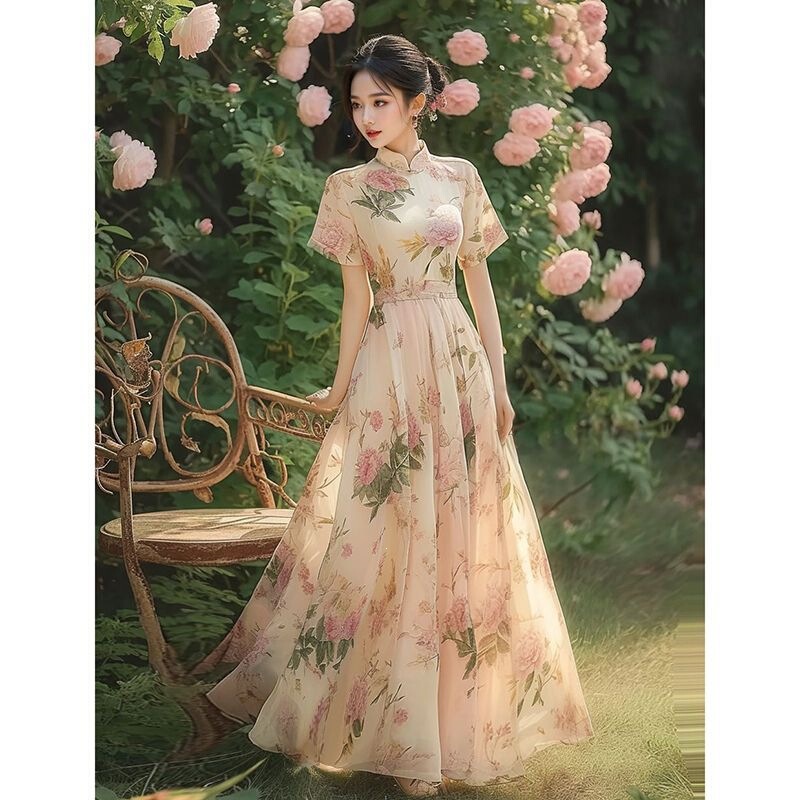 Formal Occasions, Long Skirts That Cover the Belly and Make You Look Slimmer, Niche Design, Super Stylish Pink Printed Dress for Women in Summer Formal Occasions, Long Skirts That Cover the Belly and Make You Look Slimmer, Niche Design, Super Stylish Pink Printed Dress for Women in Summer