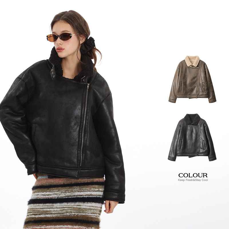 HeyHenry 2025 Winter European and American Style Short PU Leather Shearling Jacket Cotton Coat for Women