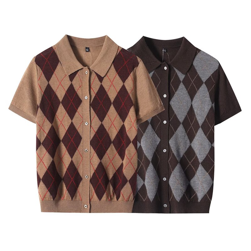 Korean-style diamond pattern polo knit short-sleeve retro color-block thin cardigan for commuting and versatile outerwear Korean-style diamond pattern polo knit short-sleeve retro color-block thin cardigan for commuting and versatile outerwear