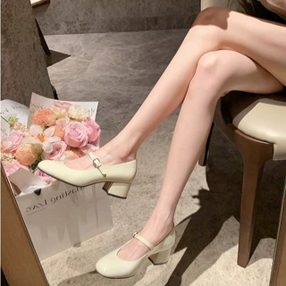 牛皮版 气质姐姐~圆头浅口一字带通勤显瘦粗跟玛丽珍女单鞋