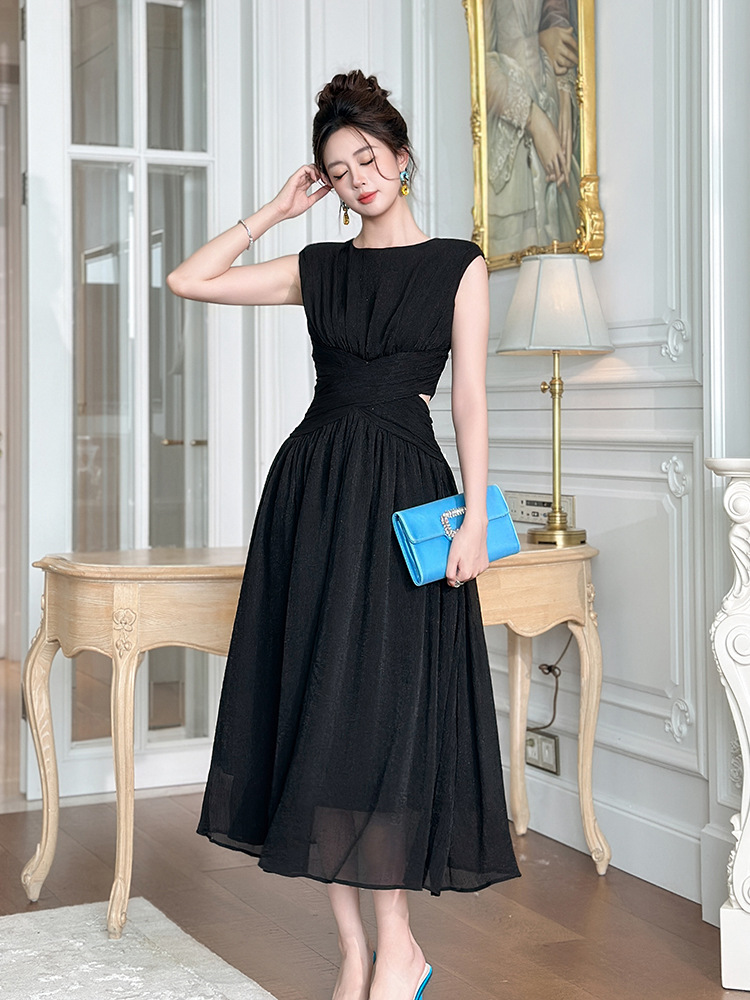 Đầm maxi nữ không tay chéo eo phong cách thanh lịch — đen