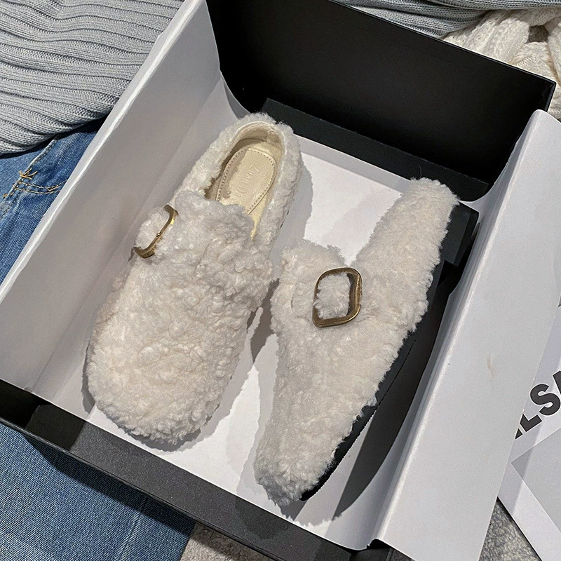 Осень-зима 2021, новый стиль, пушистые полутапочки на толстом каблуке с круглым носком, верхняя одежда, туфли Baotou mule, женская обувь большого размера 41-43