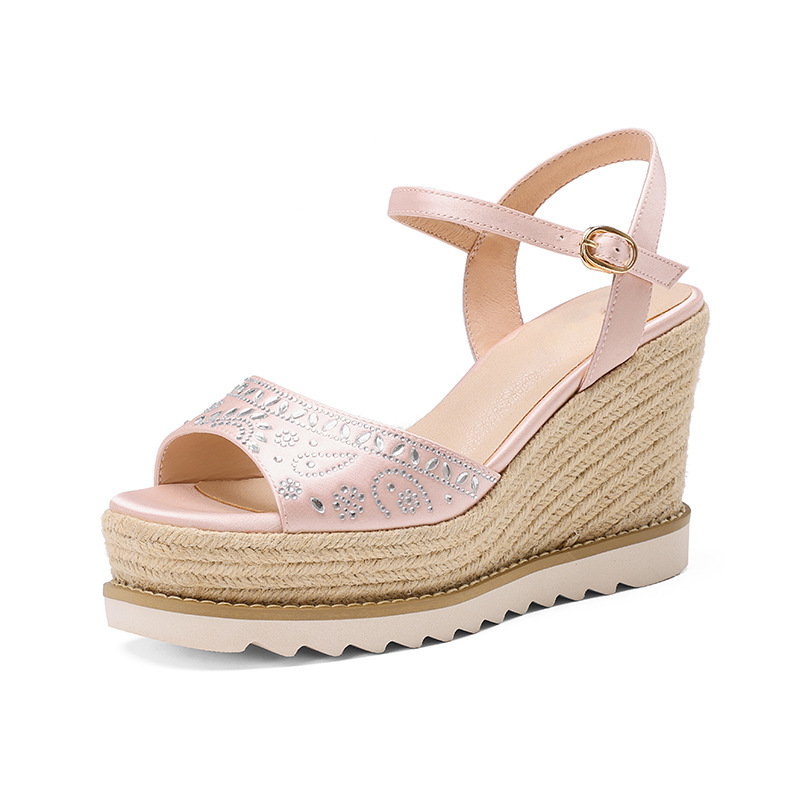 Sandal cao gót nữ quai ngang đế xuồng mũi hở phong cách boho — Xanh lá cây nhạtcolor, màu hồng, màu trắng ngà