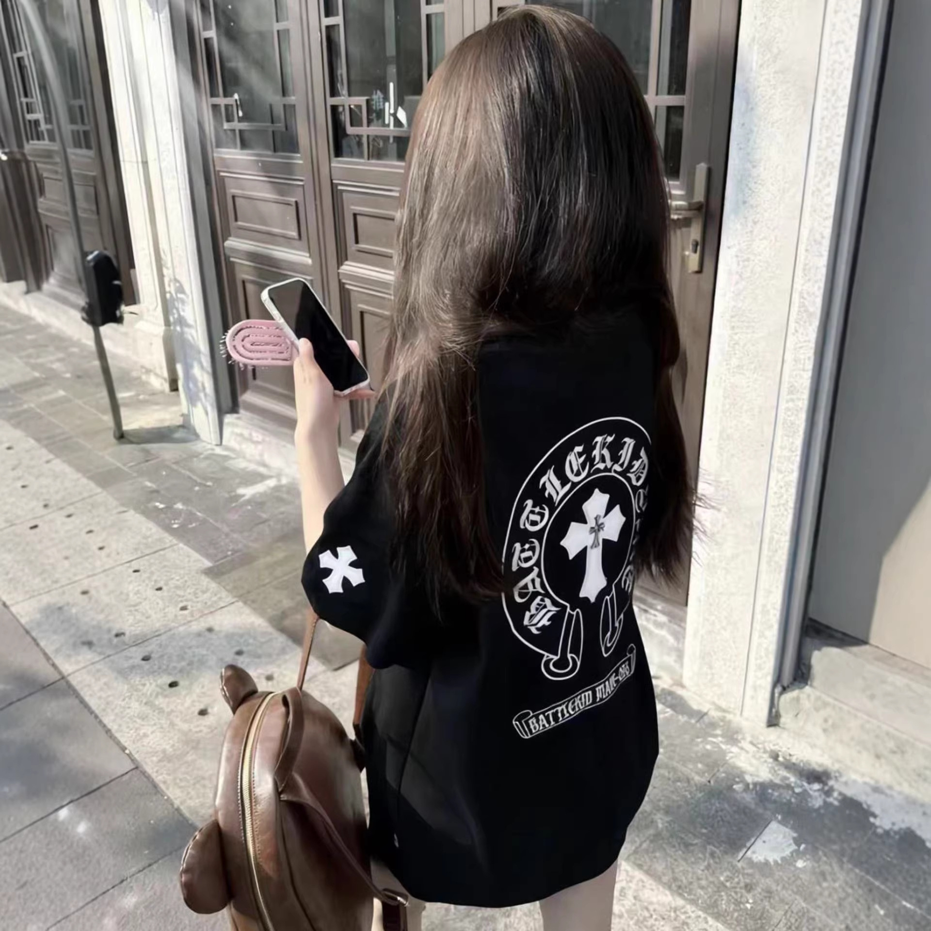美式潮牌克罗梵文刺绣金属辅料情侣短袖t恤男女夏季纯棉宽松上衣