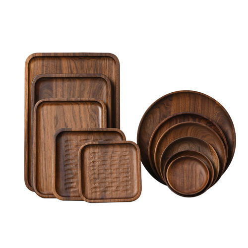Wholesale logo Japanese style whole wood dessert plate black walnut plate sushi plate round mini fruit plate rectangular