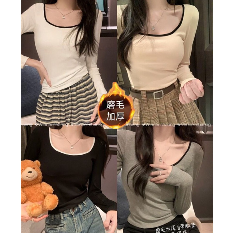 U-Neck Brushed Thickened Warm Long-Sleeve Slim-Fit Women's T-Shirt for Autumn and Winter, Korean Style with Chest Pad, Short Top U-Neck Brushed Thickened Warm Long-Sleeve Slim-Fit Women's T-Shirt for Autumn and Winter, Korean Style with Chest Pad, Short Top