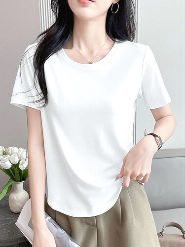 Cotton short-sleeved loose round neck base curved T-shirt summer new style hem slimming straight shoulder top for women