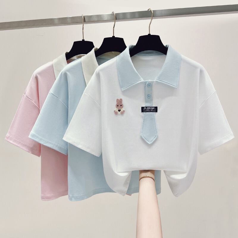 European Style 2026 Campus Style Color-Block Polo Tie-Neck Short-Sleeve Simple T-Shirt Slimming Pullover Cotton Top