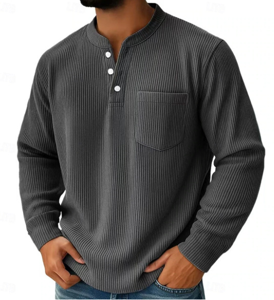 Men's Corduroy Polo Shirt Solid Colour Three-button Collar Top_voghion.com