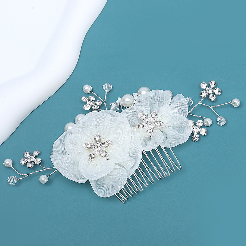 Pearl crystal comb bridal Xiuhe headdress rhinestone silk flower chiffon flower headdress antique Hanfu hair accessories wholesale